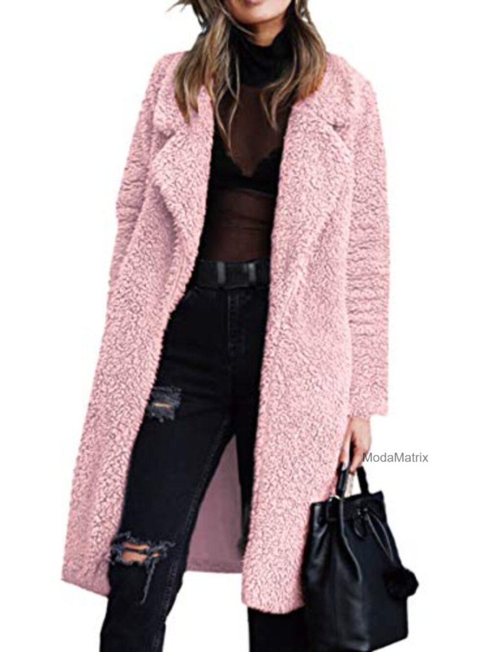 Fuzzy Fleece Faux Fur Open Front Long Cardigan Coat